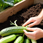 **Prompt:** A vibrant, well-tended suburban garden patch bathed in warm sunlight. Focus on rich, dark soil with visible organic matter (like compost) being gently worked by a gardener's hands. Healthy young plants of 'Early Jersey Wakefield' cabbage, 'Marketmore 76' cucumbers, and 'Nantes' carrots are thriving. The scene should convey a sense of a "living laboratory" where good gut health begins. Emphasize natural light and the vitality of the initial growing stage.