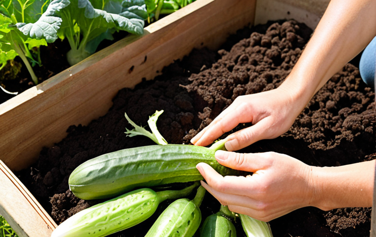 **Prompt:** A vibrant, well-tended suburban garden patch bathed in warm sunlight. Focus on rich, dark soil with visible organic matter (like compost) being gently worked by a gardener's hands. Healthy young plants of 'Early Jersey Wakefield' cabbage, 'Marketmore 76' cucumbers, and 'Nantes' carrots are thriving. The scene should convey a sense of a "living laboratory" where good gut health begins. Emphasize natural light and the vitality of the initial growing stage.