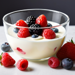 ** Creamy homemade yogurt in a glass bowl, topped with fresh berries and a drizzle of honey. Soft, natural lighting.

**