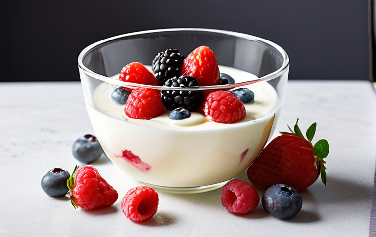 ** Creamy homemade yogurt in a glass bowl, topped with fresh berries and a drizzle of honey. Soft, natural lighting.
**