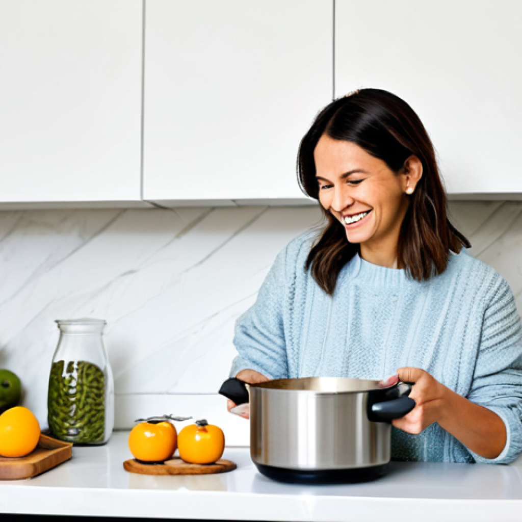**
"A brightly lit kitchen scene featuring a woman in her 30s, wearing a comfortable and modest sweater and jeans, smiling as she whisks coconut milk in a stainless steel saucepan on a modern stovetop. Several clean glass jars are arranged nearby. Ingredients like a can of coconut milk and probiotic capsules are visible on the countertop. The scene should evoke a feeling of warmth and healthy cooking. Safe for work, appropriate content, fully clothed, professional, family-friendly, perfect anatomy, correct proportions, natural pose, well-formed hands, proper finger count, natural body proportions."
**