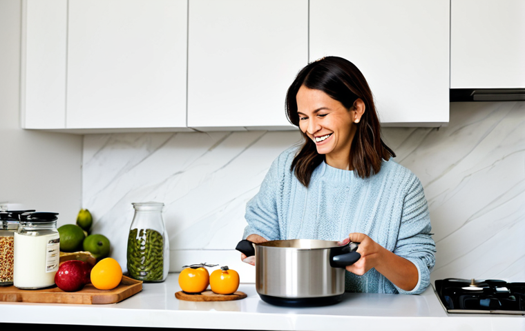 **
"A brightly lit kitchen scene featuring a woman in her 30s, wearing a comfortable and modest sweater and jeans, smiling as she whisks coconut milk in a stainless steel saucepan on a modern stovetop. Several clean glass jars are arranged nearby. Ingredients like a can of coconut milk and probiotic capsules are visible on the countertop. The scene should evoke a feeling of warmth and healthy cooking. Safe for work, appropriate content, fully clothed, professional, family-friendly, perfect anatomy, correct proportions, natural pose, well-formed hands, proper finger count, natural body proportions."
**