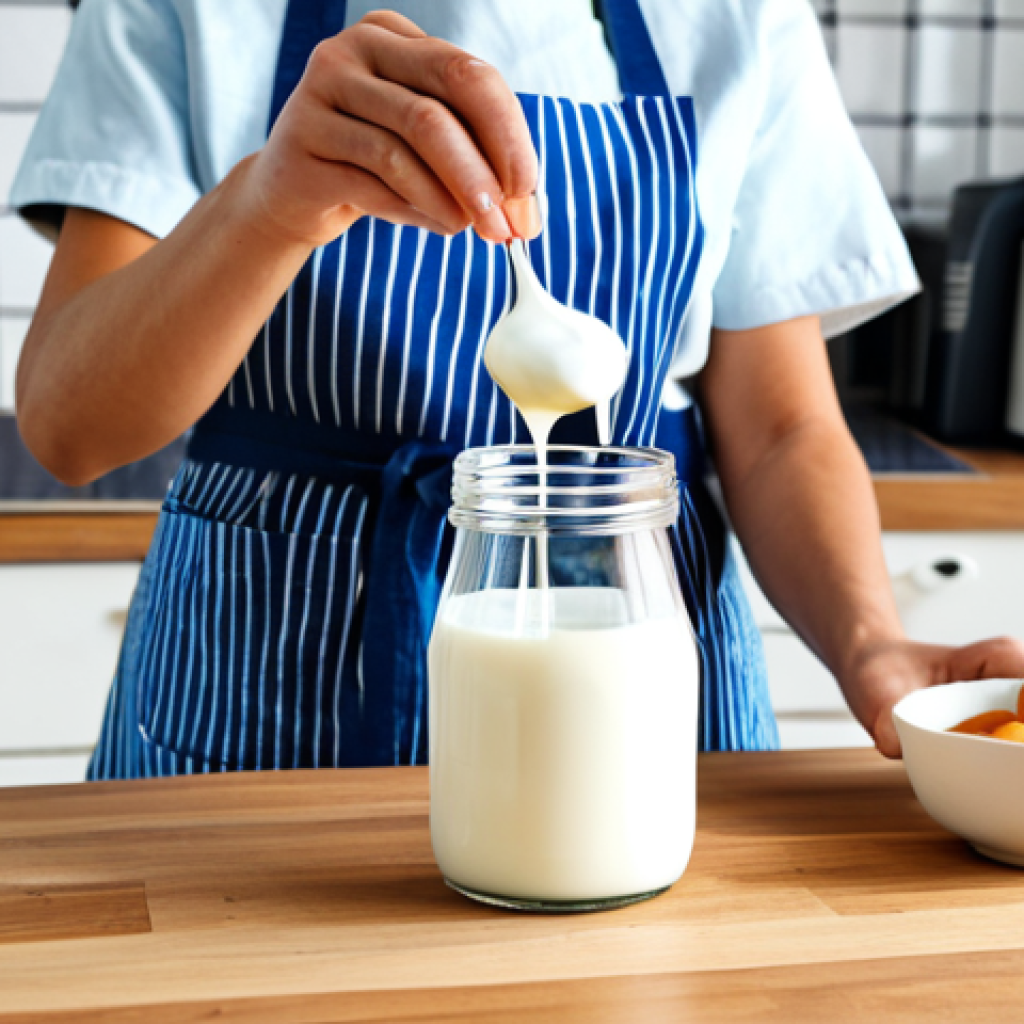 Yogurt Making Process**
"A bright and airy kitchen scene showcasing the yogurt-making process. A person wearing an apron is carefully pouring milk into a glass jar. Nearby are various ingredients: a carton of whole milk, a container of plain yogurt, and a thermometer. Background includes a yogurt maker. safe for work, appropriate content, fully clothed, professional, high-quality, perfect anatomy, correct proportions, natural pose, well-formed hands, proper finger count, natural body proportions, family-friendly."
**