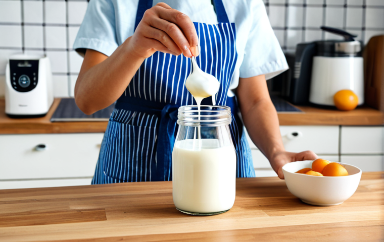 Yogurt Making Process**
"A bright and airy kitchen scene showcasing the yogurt-making process. A person wearing an apron is carefully pouring milk into a glass jar. Nearby are various ingredients: a carton of whole milk, a container of plain yogurt, and a thermometer. Background includes a yogurt maker. safe for work, appropriate content, fully clothed, professional, high-quality, perfect anatomy, correct proportions, natural pose, well-formed hands, proper finger count, natural body proportions, family-friendly."
**