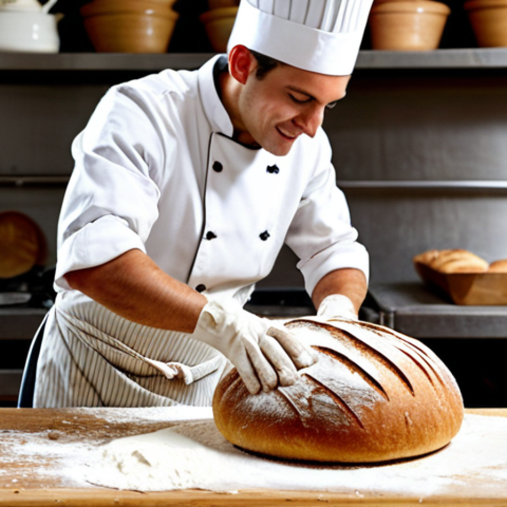 발효미생물의 역할과 중요성 - Sourdough Bread Baking**
"A baker, fully clothed in a professional chef's uniform, carefully scorin...