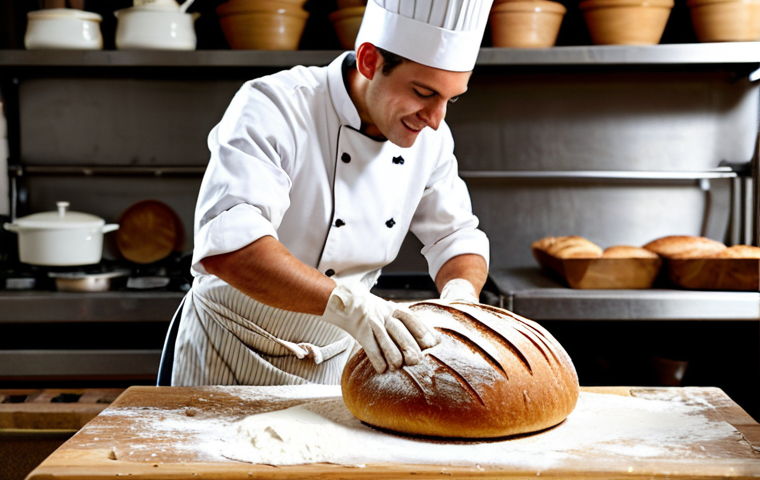 발효미생물의 역할과 중요성 - Sourdough Bread Baking**
"A baker, fully clothed in a professional chef's uniform, carefully scorin...