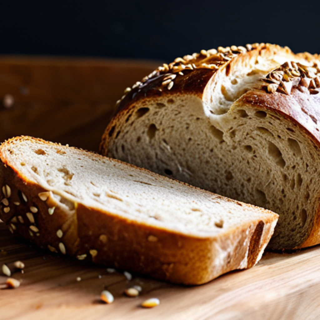 글루텐 프리 발효식품 만들기 - **Sorghum Sourdough Bread:** "A rustic loaf of sorghum sourdough bread on a wooden cutting board, wi...