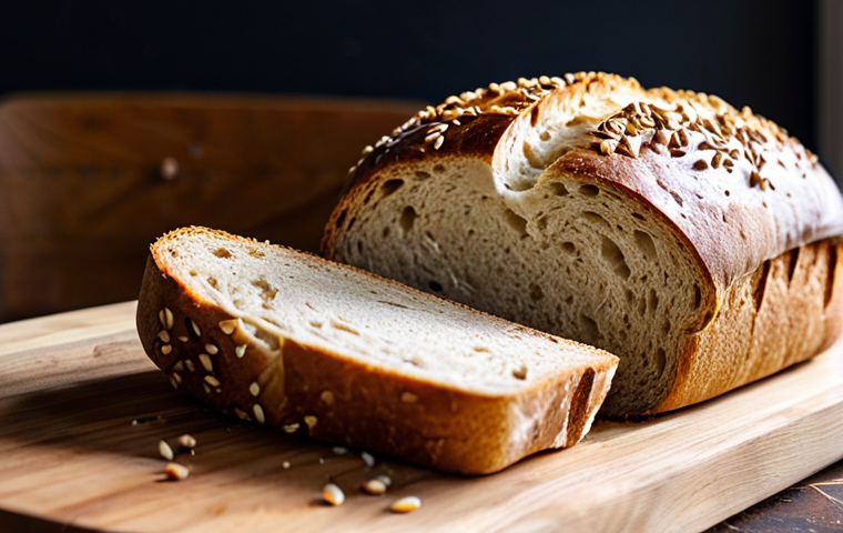 글루텐 프리 발효식품 만들기 - **Sorghum Sourdough Bread:** "A rustic loaf of sorghum sourdough bread on a wooden cutting board, wi...