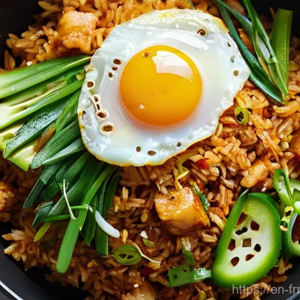 발효 식품의 맛을 높이기 위한 조리법 - **Prompt:** A close-up, top-down shot of a beautifully presented bowl of Kimchi Fried Rice. The rice...