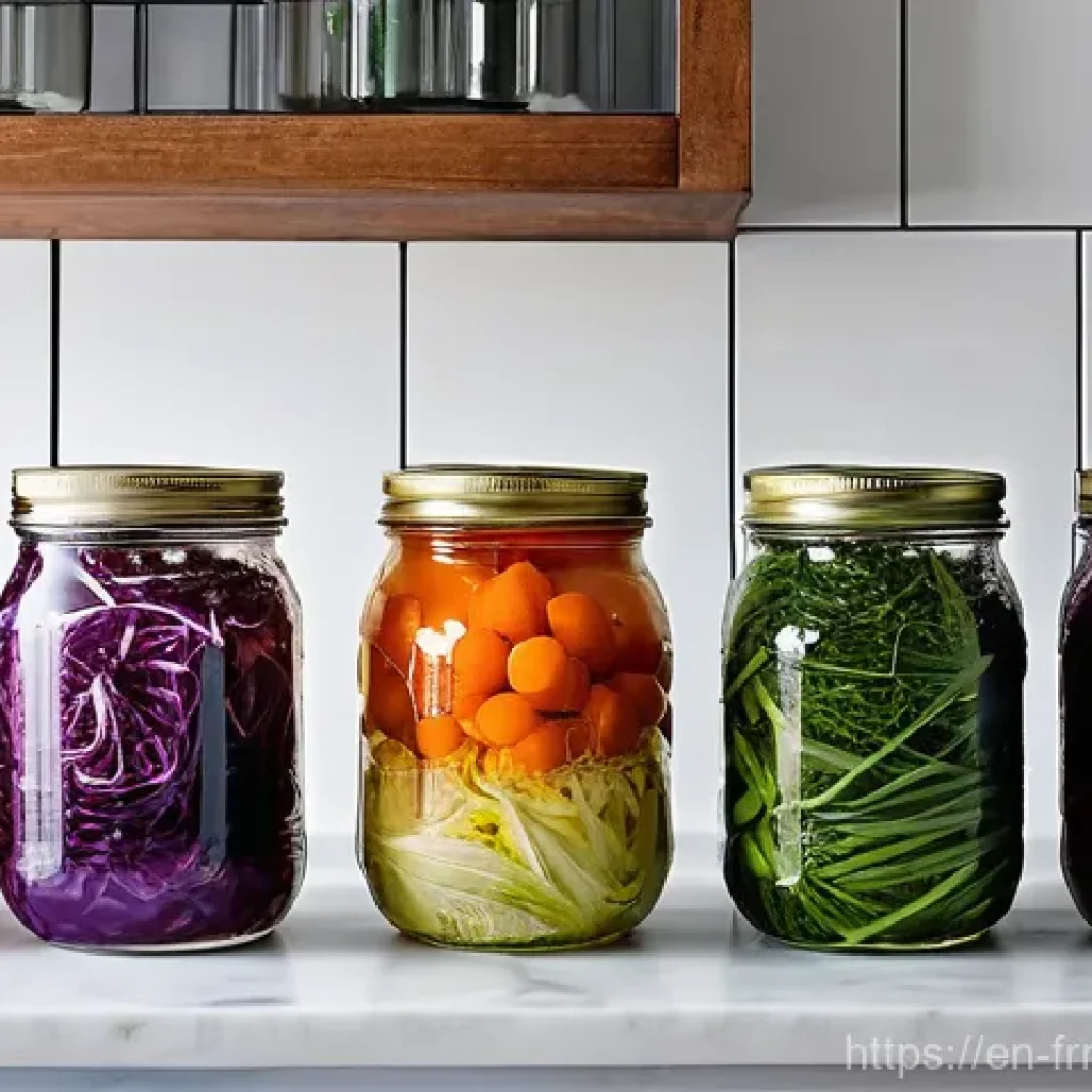 발효식품 만들기 전문가의 팁 - **Fermentation Kitchen Alchemy:**
"A clean, brightly lit, modern farmhouse kitchen countertop ba...