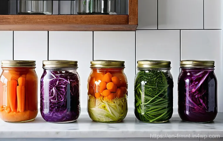 발효식품 만들기 전문가의 팁 - **Fermentation Kitchen Alchemy:**
"A clean, brightly lit, modern farmhouse kitchen countertop ba...