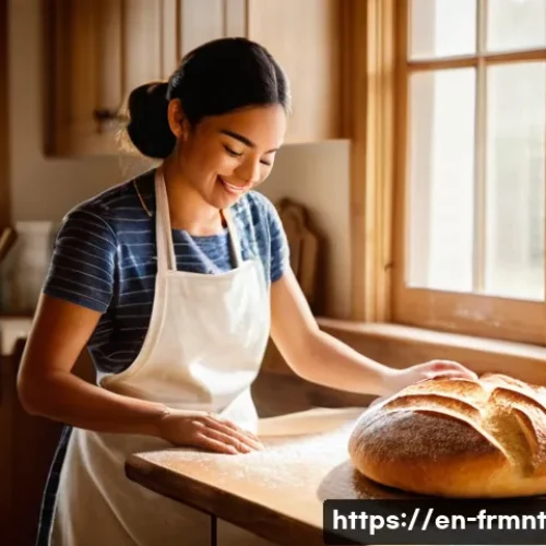 Home 33 천연 발효빵 만들기 비법 공개 - **Prompt:** "A cozy, sunlit kitchen scene. A baker, wearing an apron, is gently stretching and foldi...