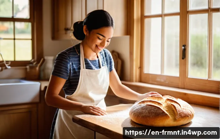천연 발효빵 만들기 비법 공개 - **Prompt:** "A cozy, sunlit kitchen scene. A baker, wearing an apron, is gently stretching and foldi...