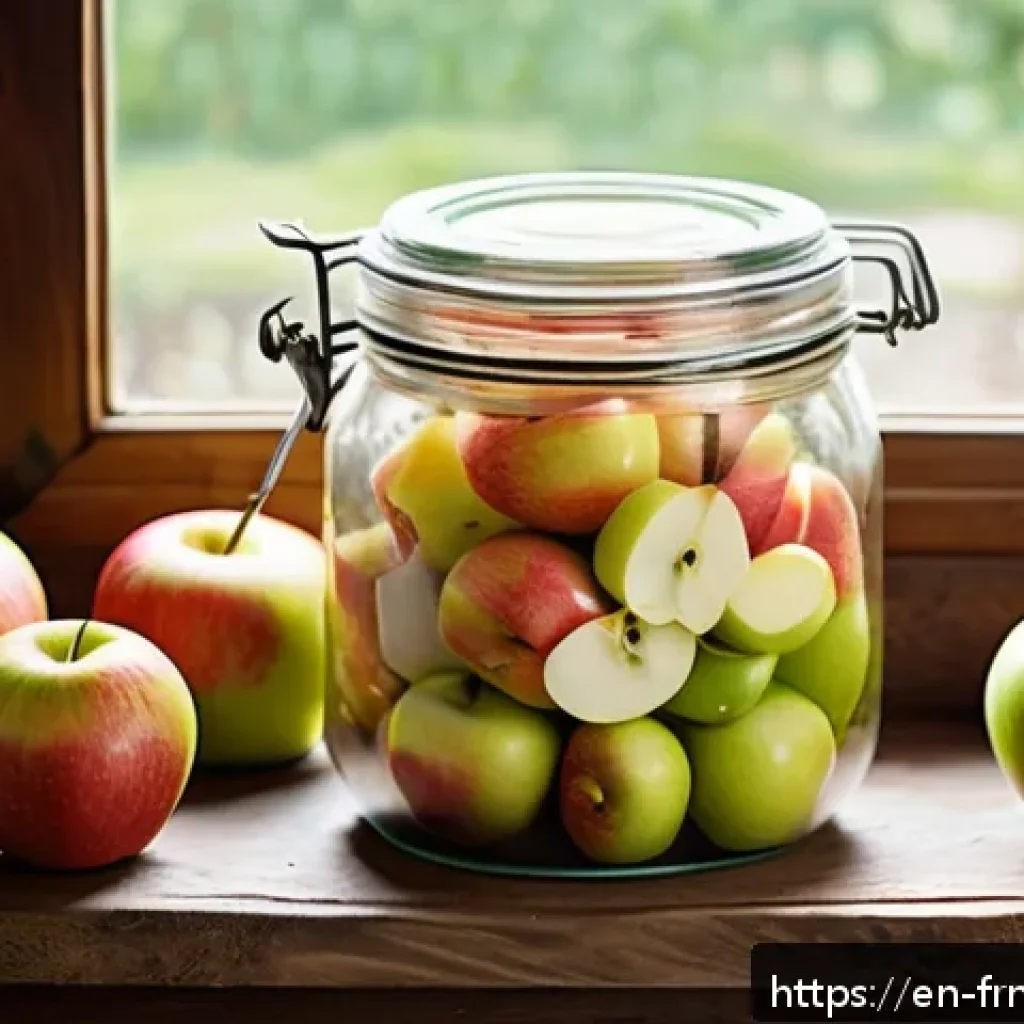 발효 식초 만들기 사과식초 레시피 - A rustic kitchen scene showing a large glass jar filled with a colorful mix of freshly chopped apple...