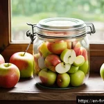 Home 23 발효 식초 만들기 사과식초 레시피 - A rustic kitchen scene showing a large glass jar filled with a colorful mix of freshly chopped apple...