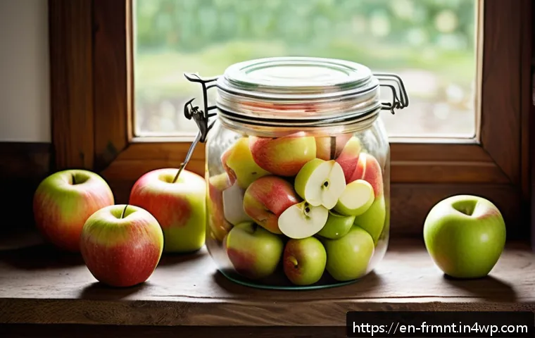 발효 식초 만들기 사과식초 레시피 - A rustic kitchen scene showing a large glass jar filled with a colorful mix of freshly chopped apple...