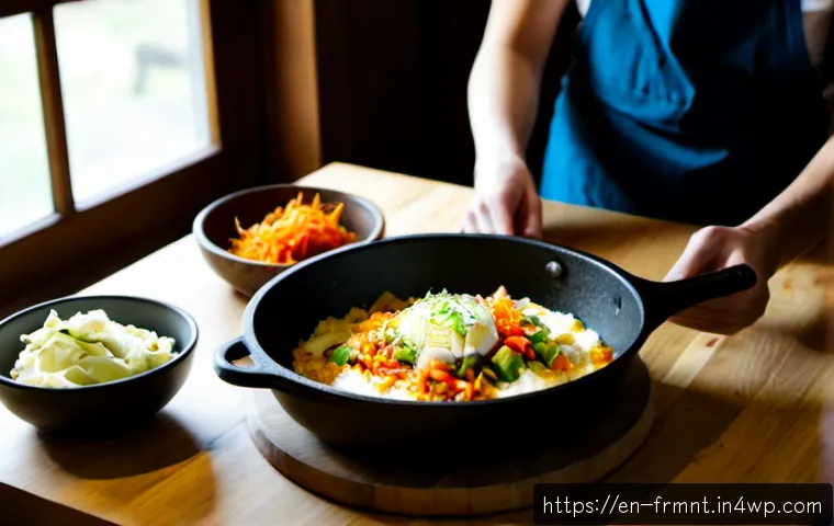 Home 17 발효식품의 다양한 조리 방법 - Photorealistic farmhouse kitchen scene showing diverse fermented foods being prepared in different w...