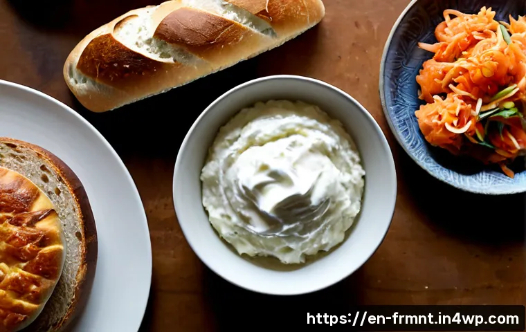 발효식품에 사용되는 유산균 종류 - Photorealistic overhead kitchen table scene comparing common fermented foods made with beneficial la...