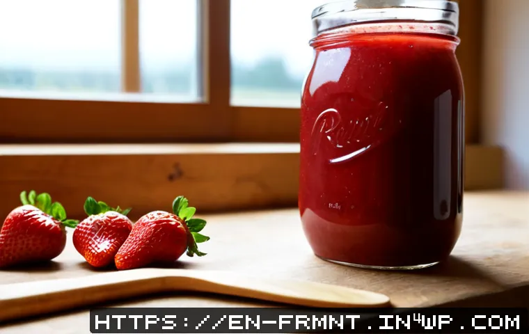 발효된 딸기 소스 만들기 - Photorealistic close-up of homemade fermented strawberry sauce in a clear glass jar, ripe strawberri...