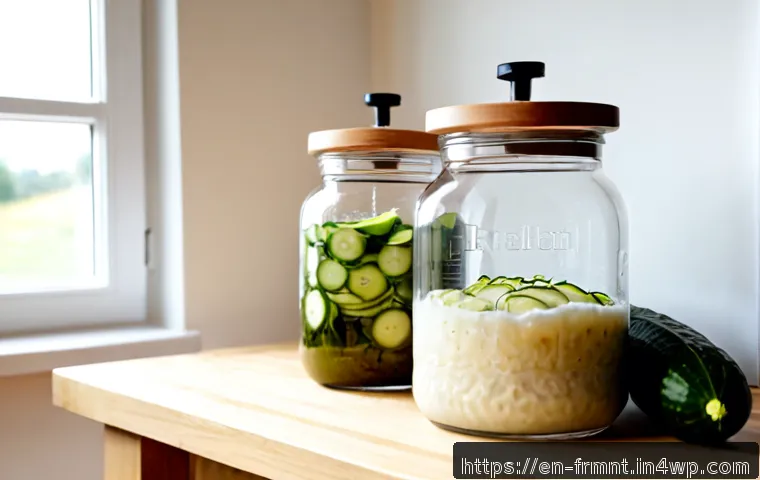 발효식품 만들기 시 필요한 환경 조건 - Photorealistic home fermentation station in a clean bright kitchen, three clear glass jars with saue...