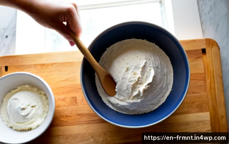 Home 17 발효가루를 이용한 간편 요리법 - Photorealistic overhead kitchen scene of an easy homemade soda bread recipe, a pair of adult hands m...